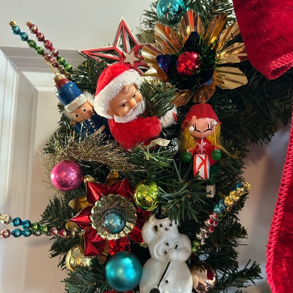 Vintage repurposed Festive Holiday Wreath with Red Bow - Picture 3 of 14